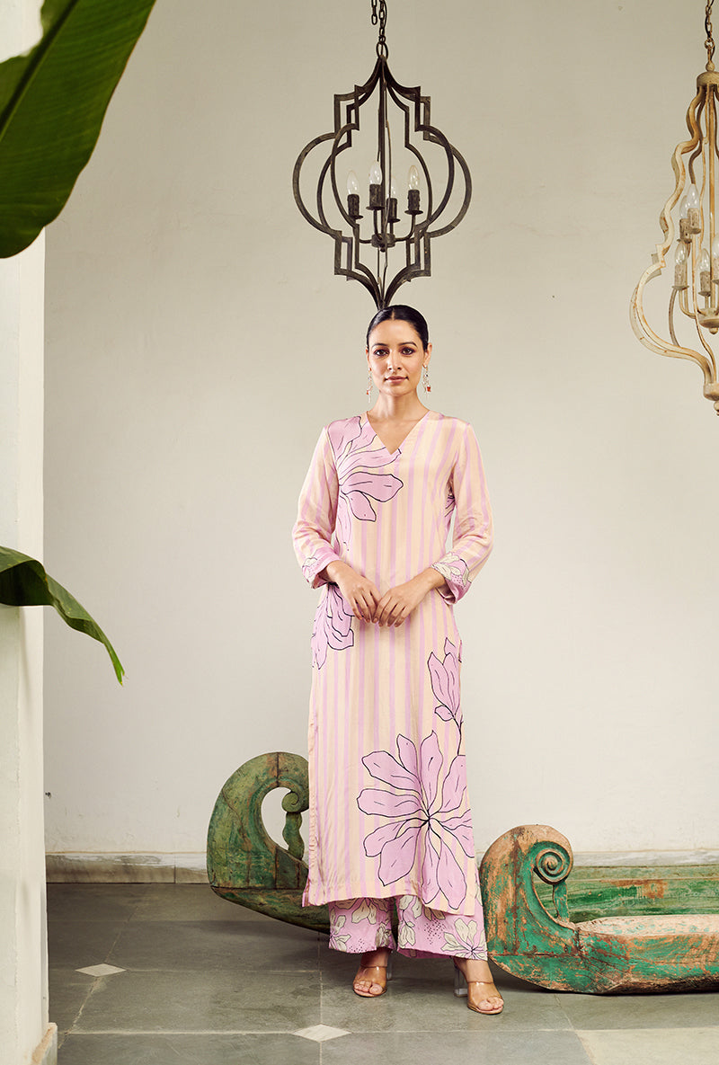 Mauve Big Flower Stripe Digital Printed Summer Wishlist Kurta Set