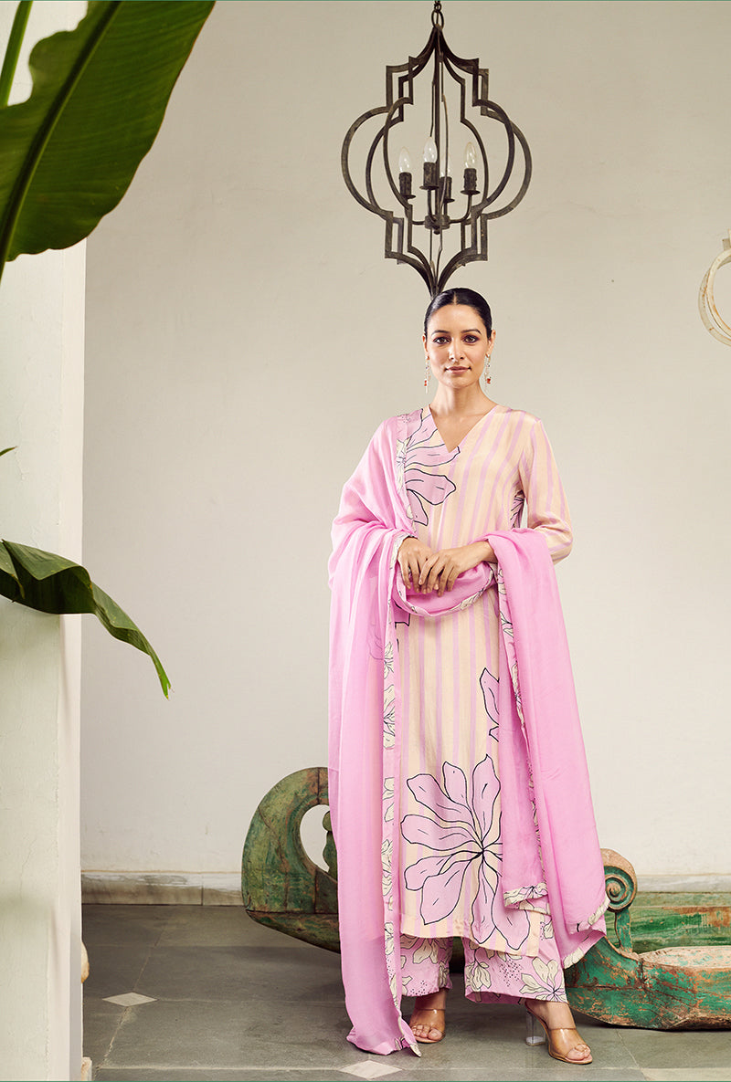 Mauve Big Flower Stripe Digital Printed Summer Wishlist Kurta Set
