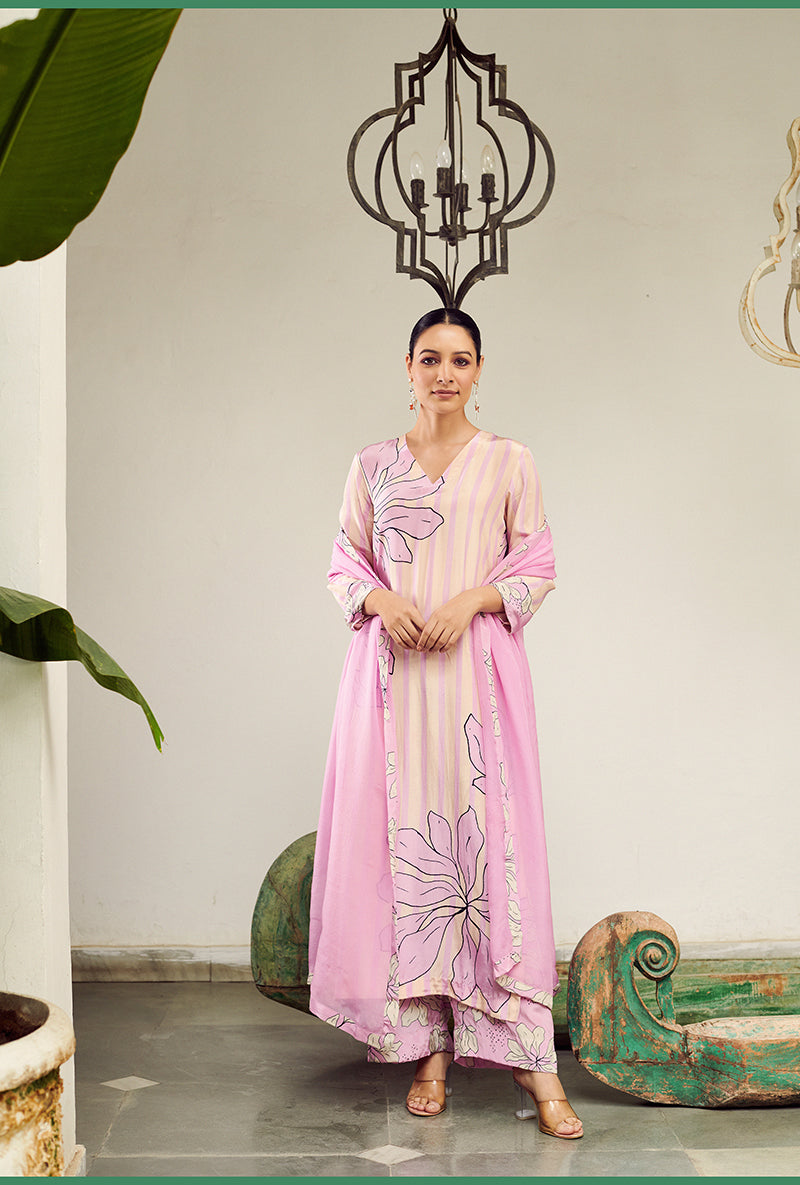Mauve Big Flower Stripe Digital Printed Summer Wishlist Kurta Set