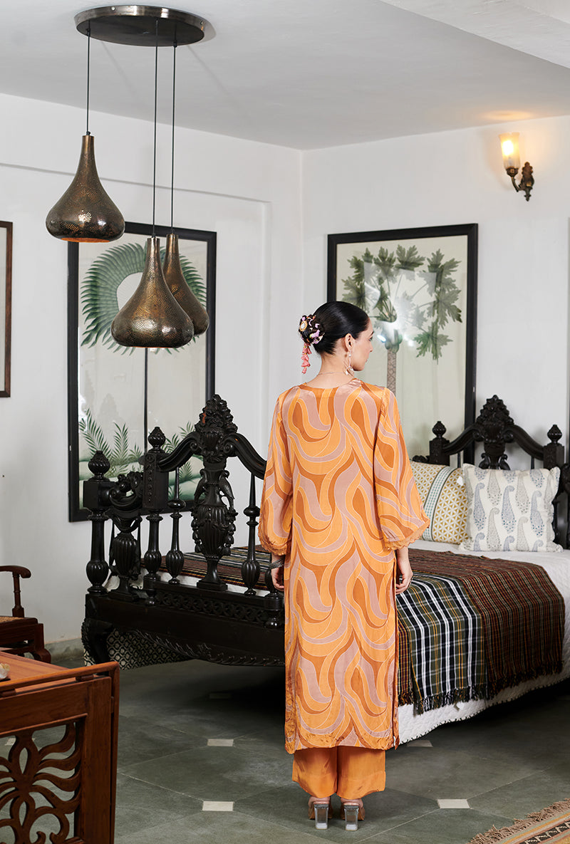 Mustard orange Abstract Digital Printed Summer Wishlist Kurta Set