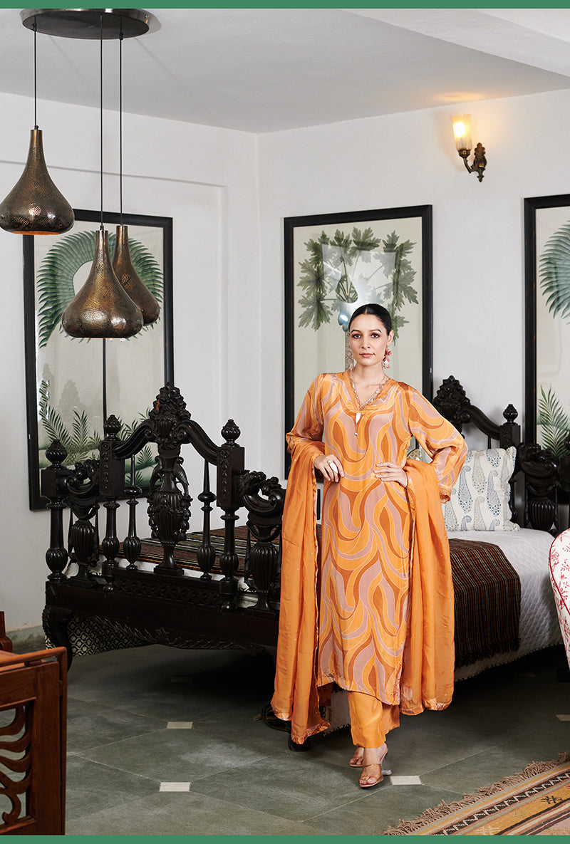 Mustard orange Abstract Digital Printed Summer Wishlist Kurta Set
