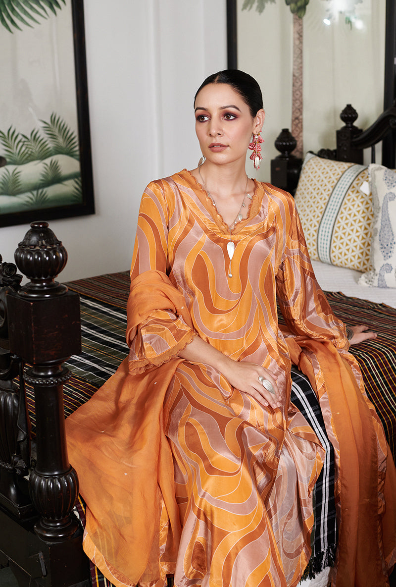 Mustard orange Abstract Digital Printed Summer Wishlist Kurta Set