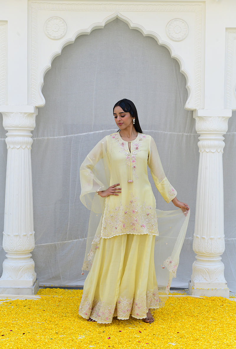 Lemon Yellow Heavy Embroidered Izra Gharara Set