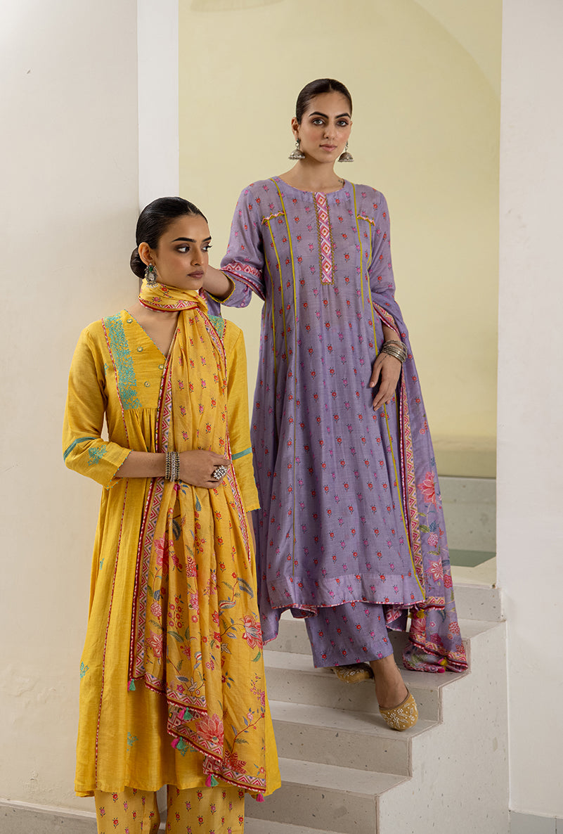 Lilac Printed A-line Reyah Kurta Set