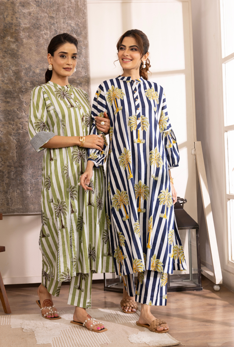 Blue And White Stripe And Palm Hazel Kurta Set