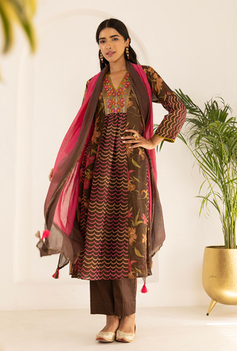 Brown Tissue Print With Beaded Yoke Ruhi Kurta Set