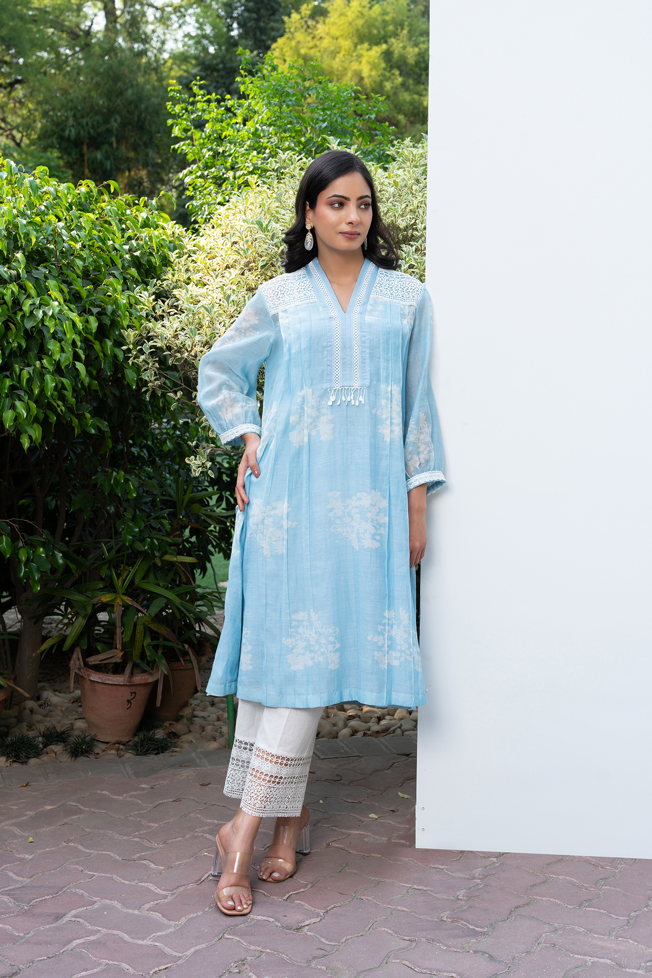 Powder Blue Pleated Chanderi Kiki Kurta Set