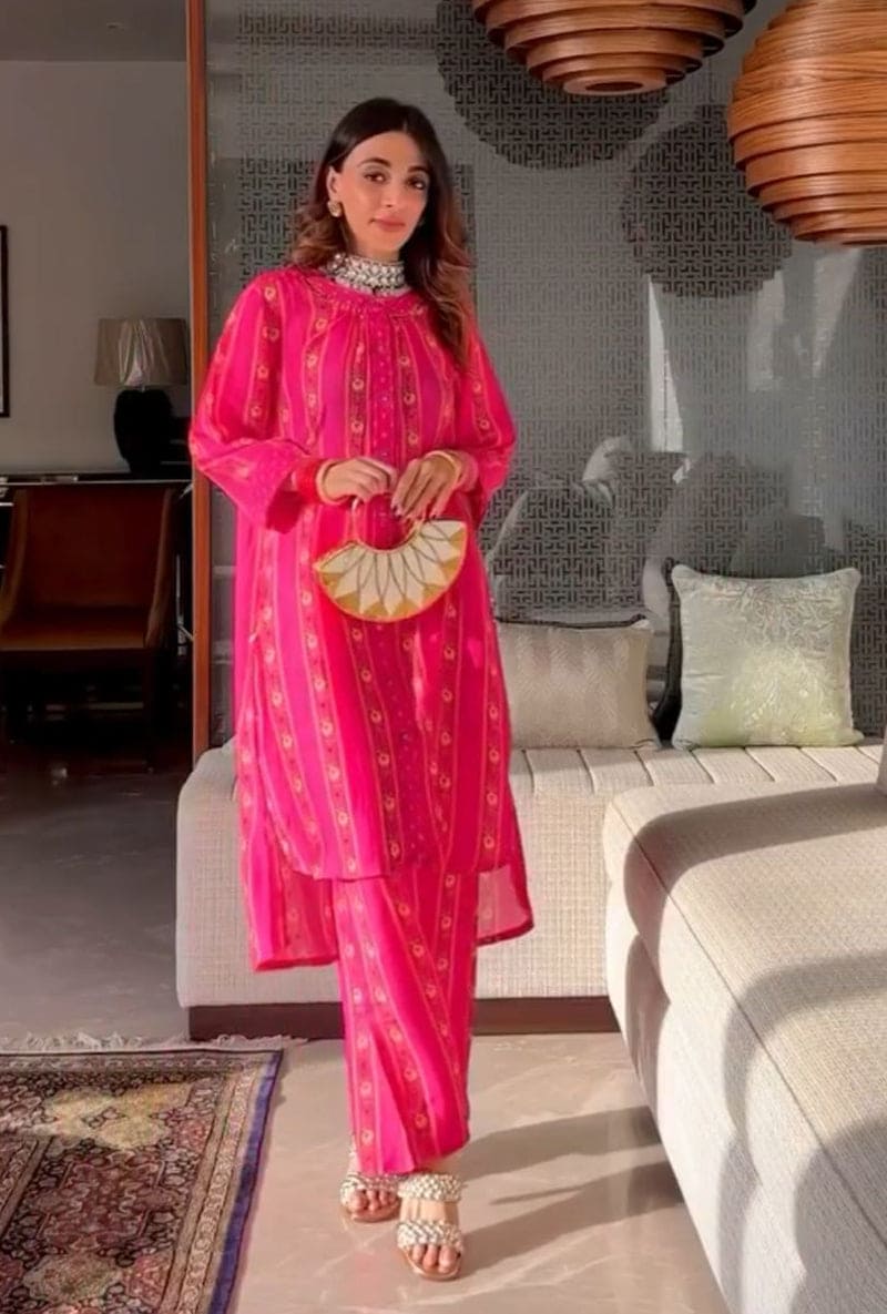 Mehak Jain in Pink Stripe Print Long Sufia Co-ord Set