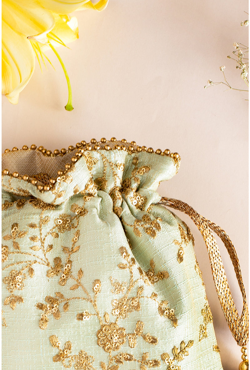 Mint Alia Silk Embroidered Potli Bag