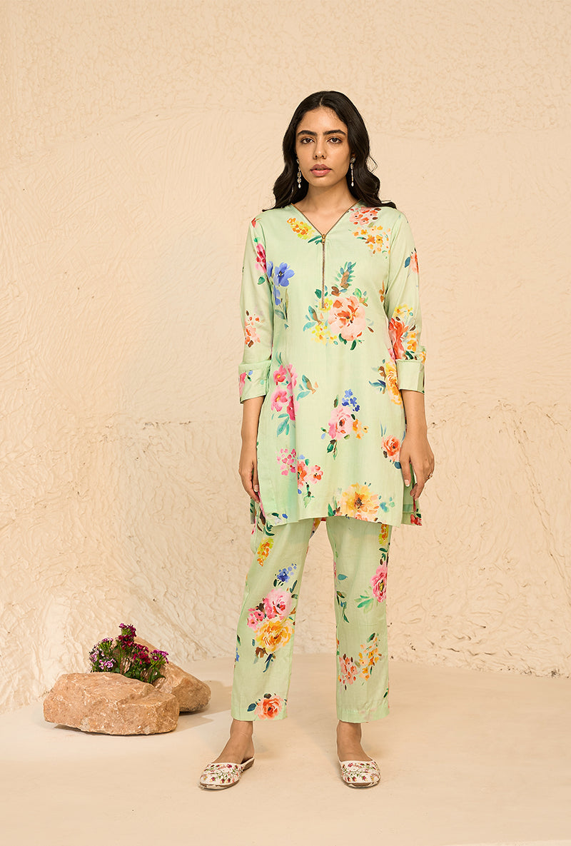 Mint Floral Print Bliss Short Kurta Set