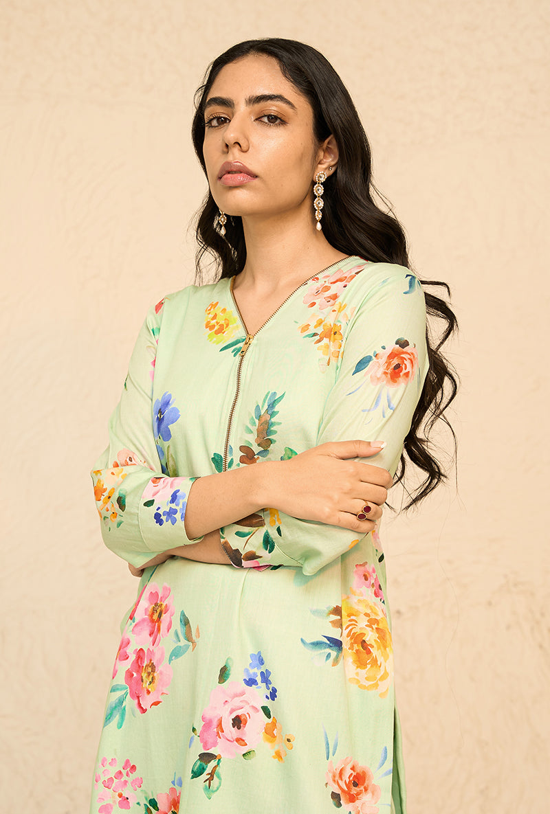 Mint Floral Print Bliss Short Kurta Set