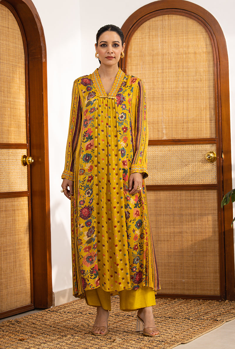 Yellow Printed V Neck Naina Kurta Set