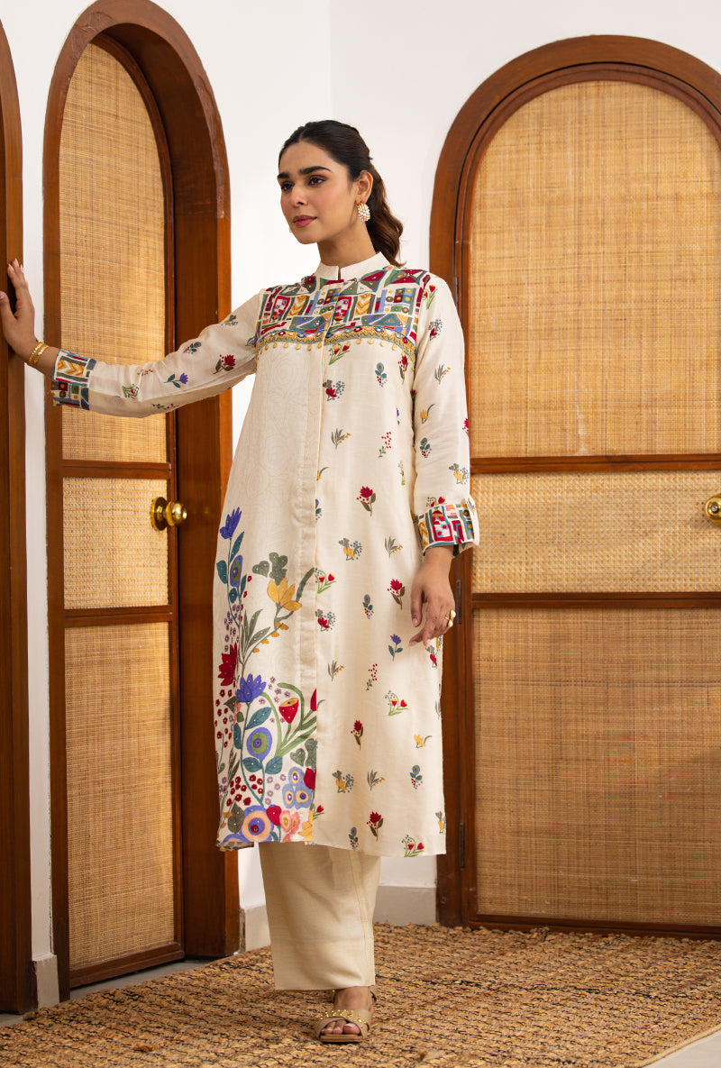 Ivory Printed High Collar Naina Co-ord Set