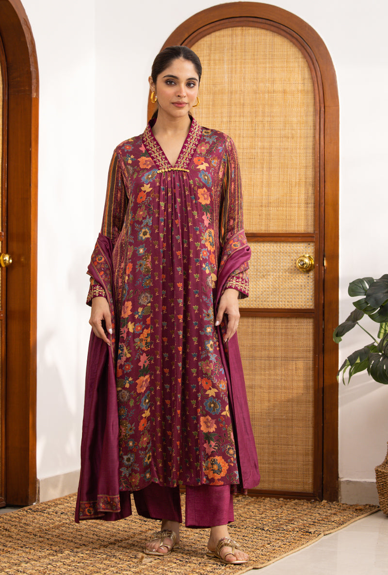 Wine Printed V Neck Naina Kurta Set