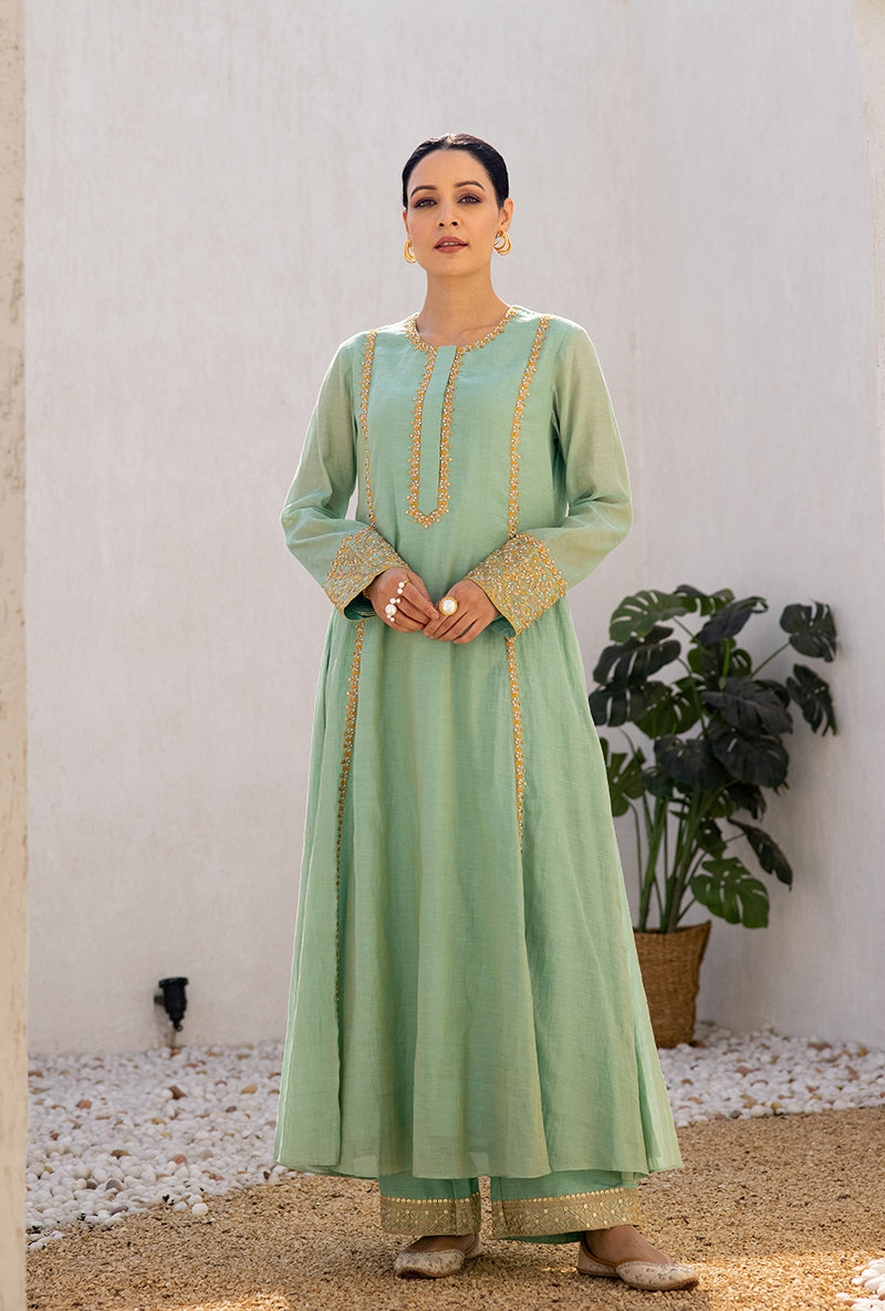 Aqua Zari And Resham Embroidery Dua Anarkali Set