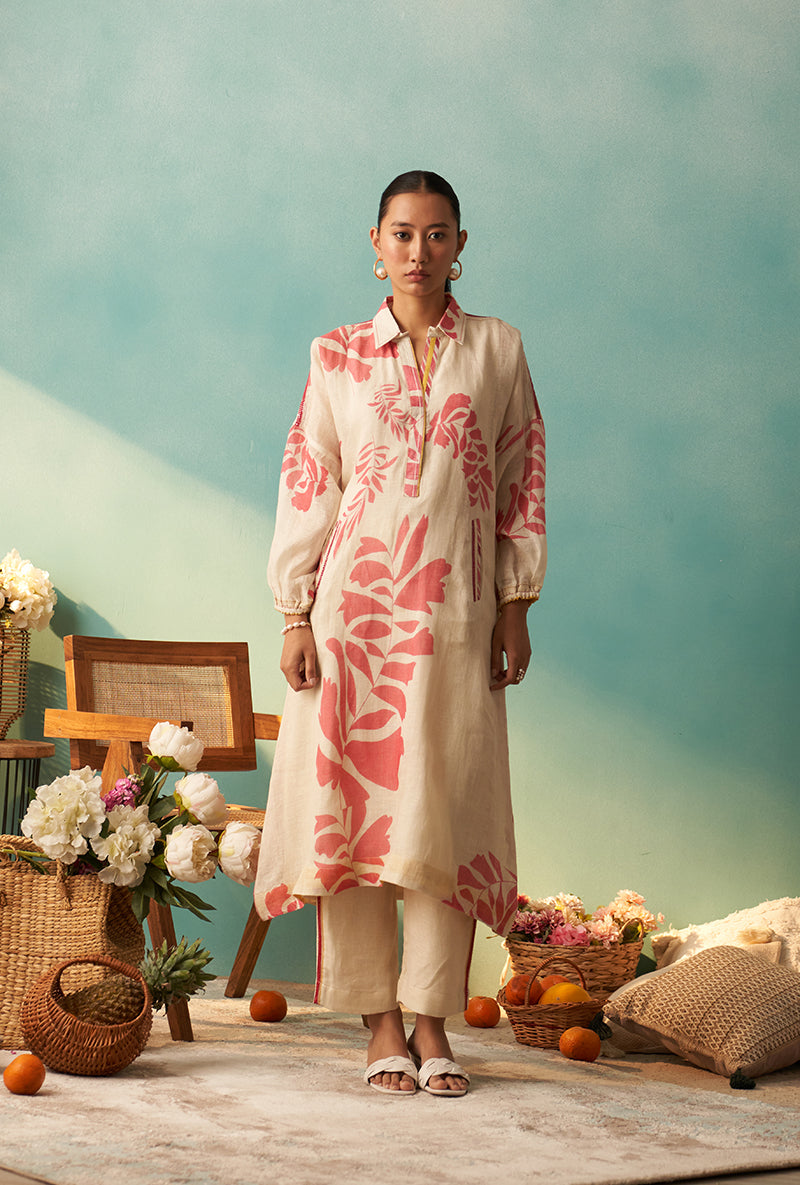 Off White And Coral Printed Long Noah Kurta Set