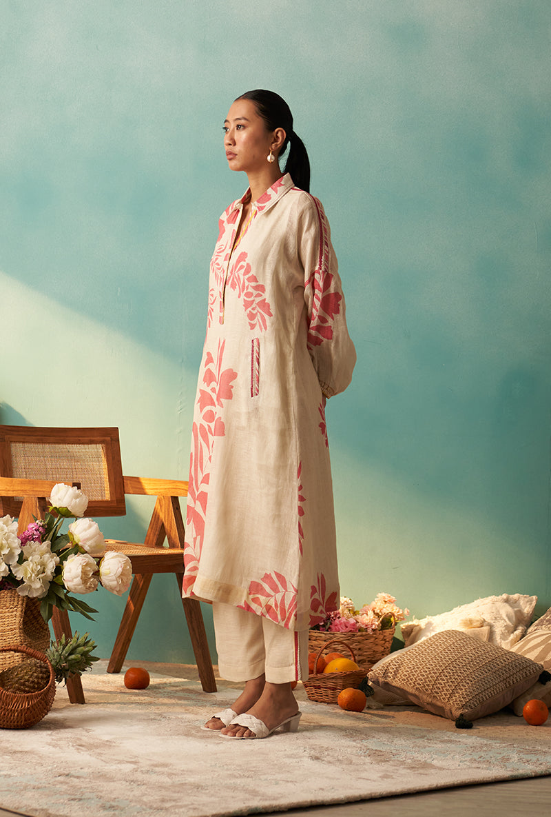 Off White And Coral Printed Long Noah Kurta Set