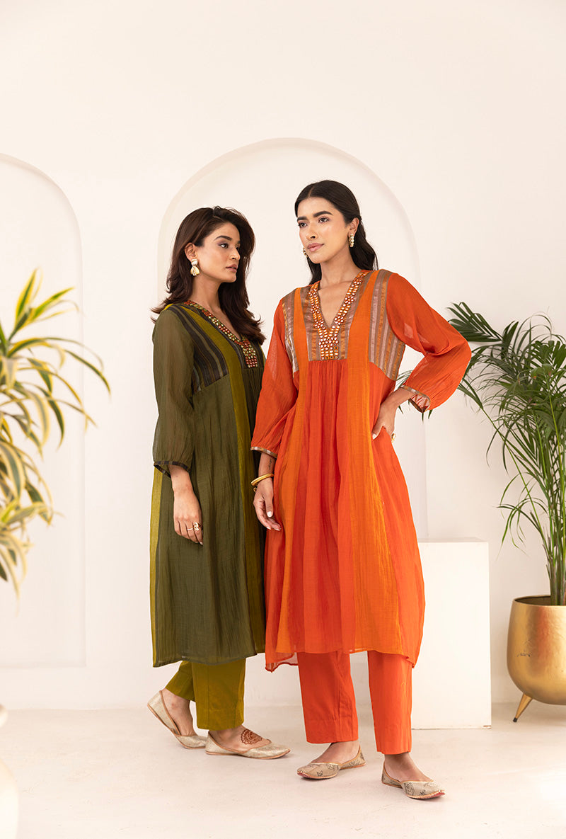 Orange V Neck Mirror Ruhi Kurta Set