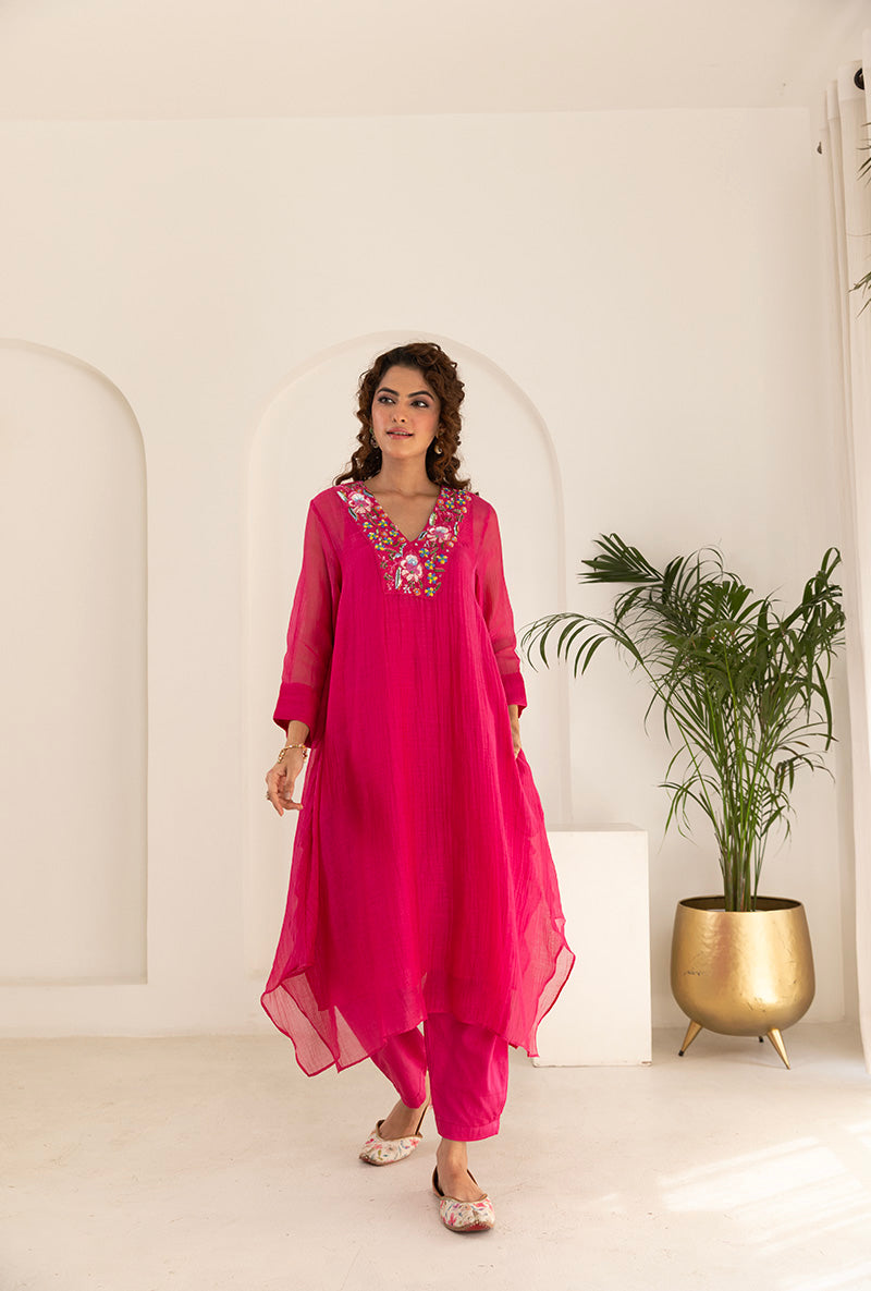 Pink Sequin Neck Work Asymmetrical Ruhi Kurta Set