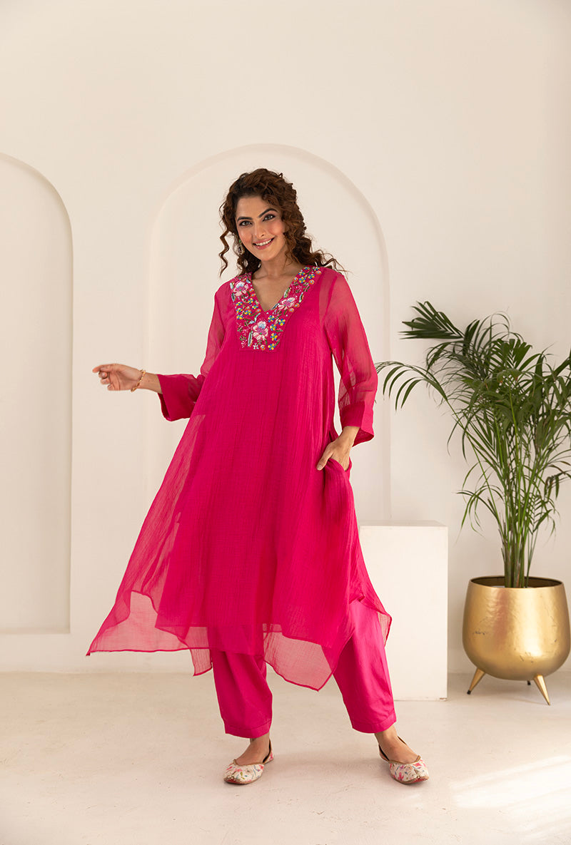Pink Sequin Neck Work Asymmetrical Ruhi Kurta Set
