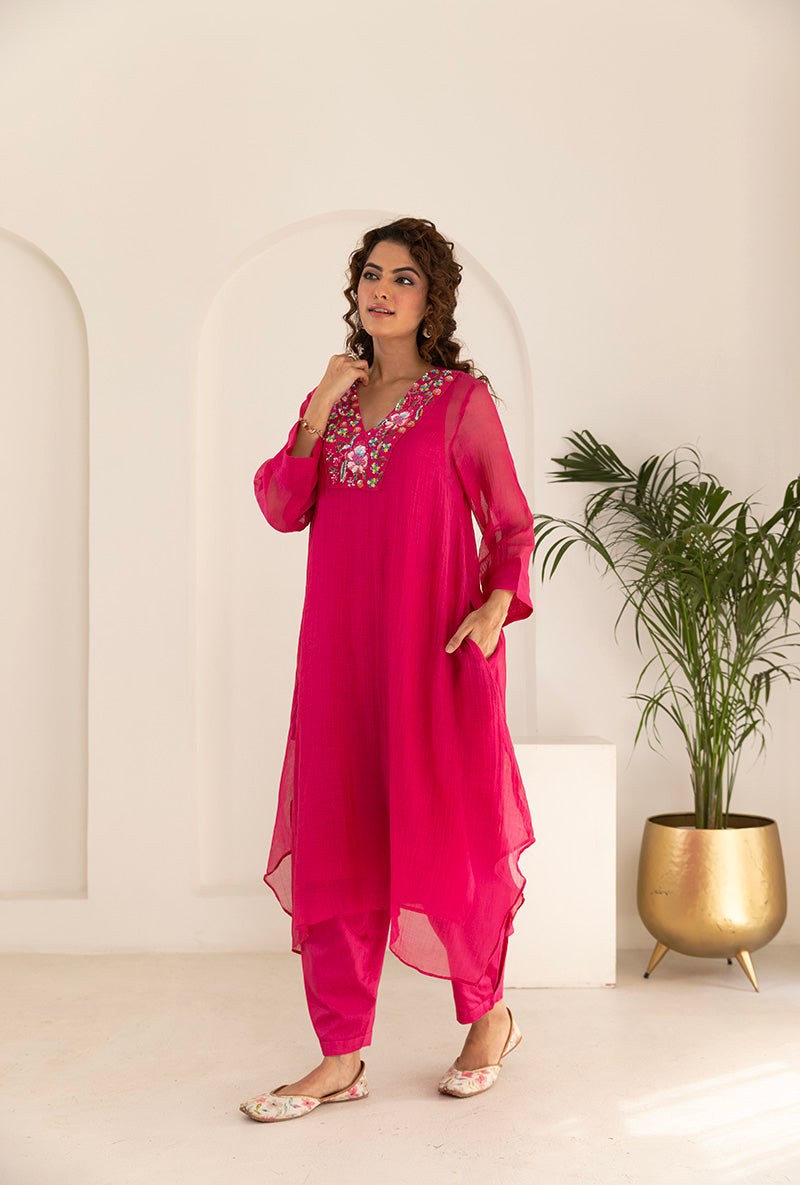 Pink Sequin Neck Work Asymmetrical Ruhi Kurta Set