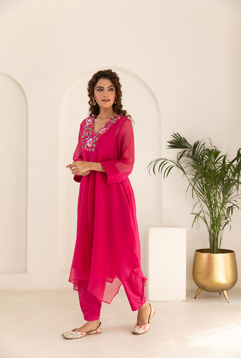 Pink Sequin Neck Work Asymmetrical Ruhi Kurta Set