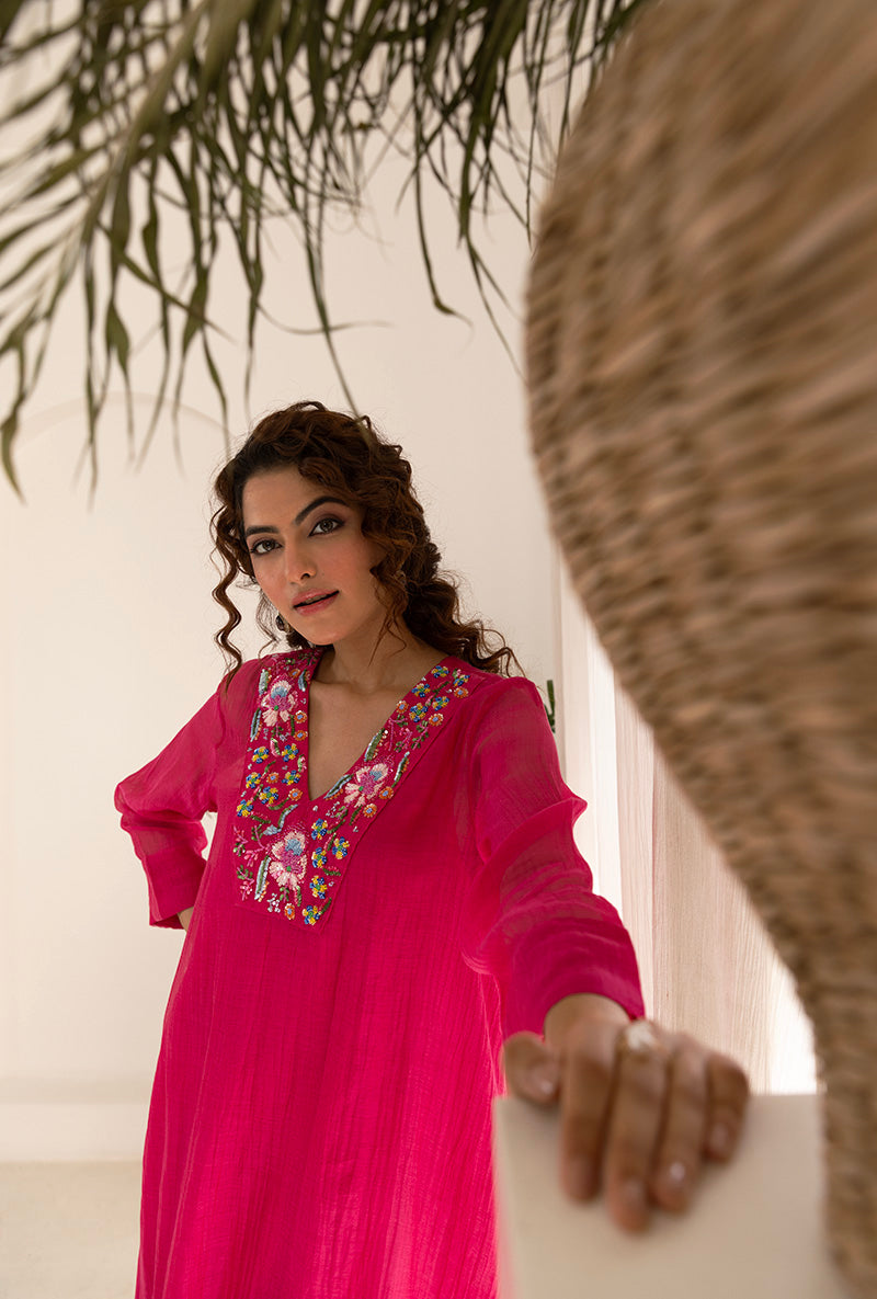 Pink Sequin Neck Work Asymmetrical Ruhi Kurta Set