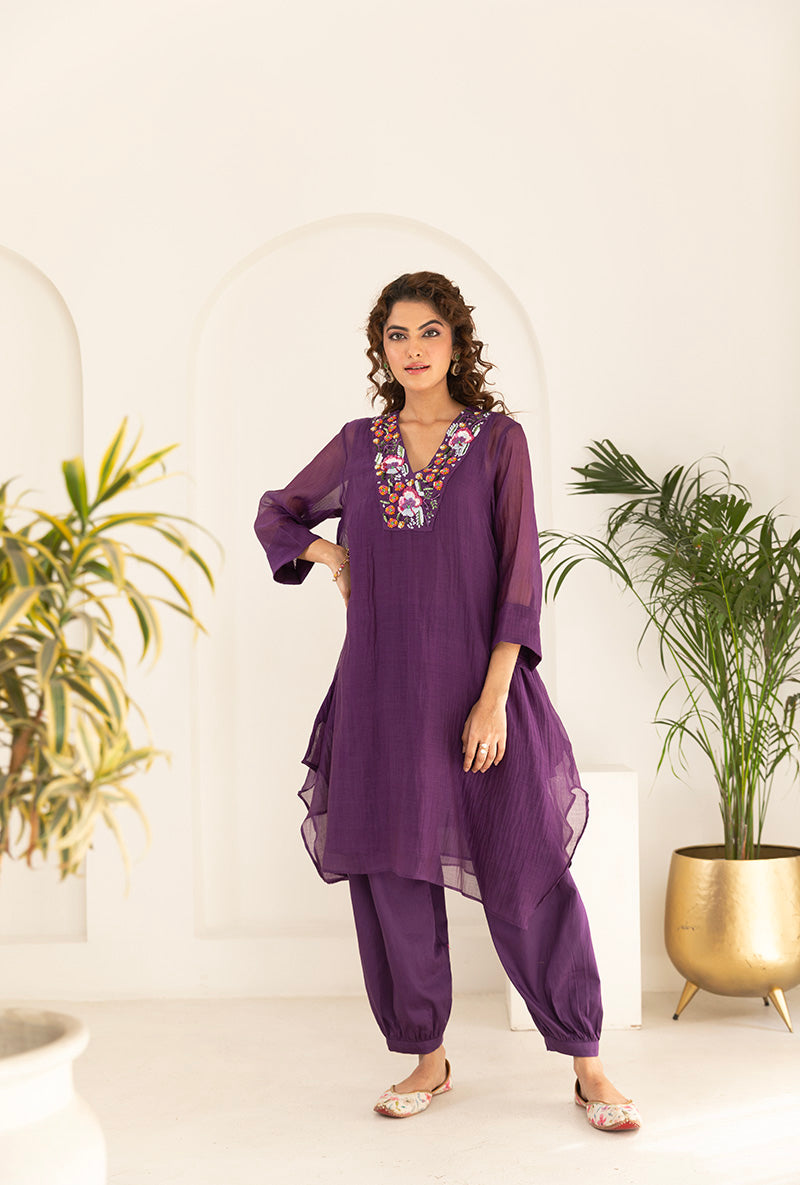 Purple Sequin Neck Work Asymmetrical Ruhi Kurta Set