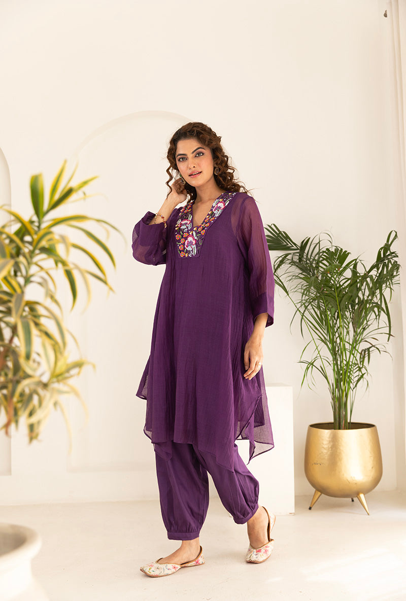 Purple Sequin Neck Work Asymmetrical Ruhi Kurta Set