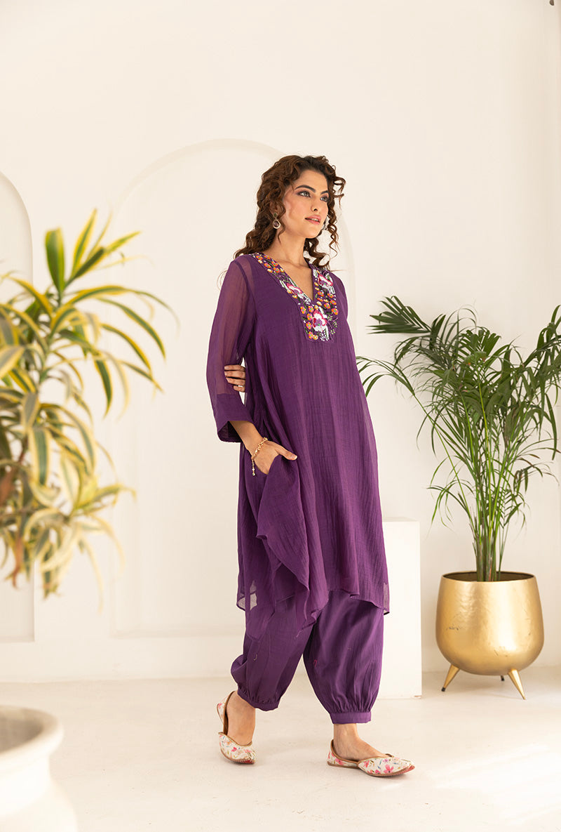 Purple Sequin Neck Work Asymmetrical Ruhi Kurta Set