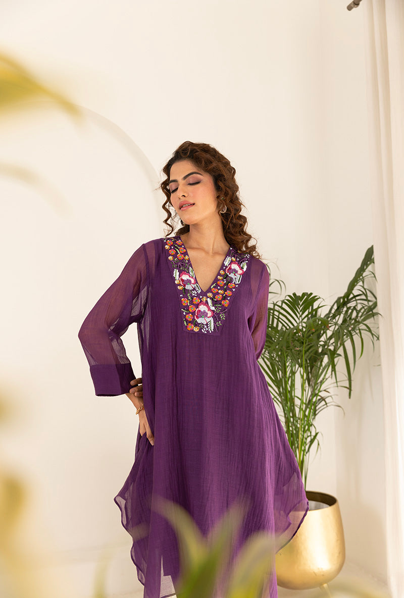 Purple Sequin Neck Work Asymmetrical Ruhi Kurta Set