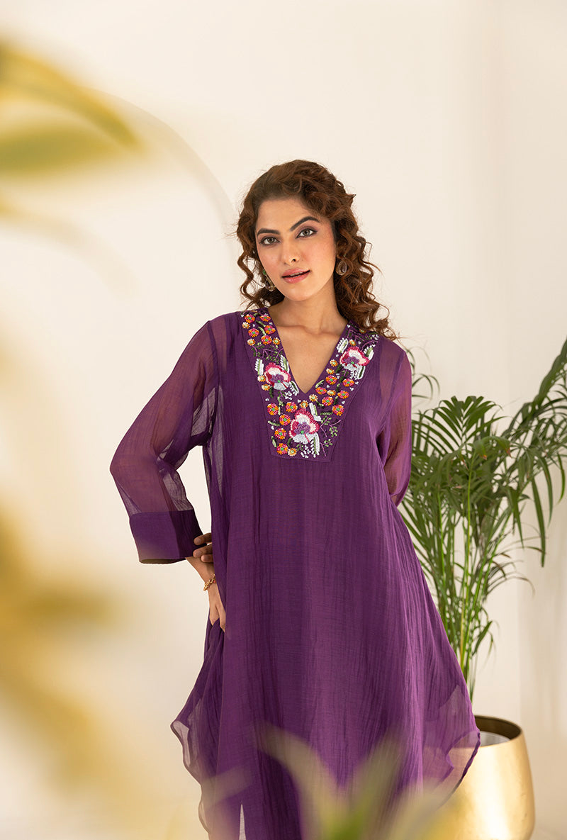 Purple Sequin Neck Work Asymmetrical Ruhi Kurta Set