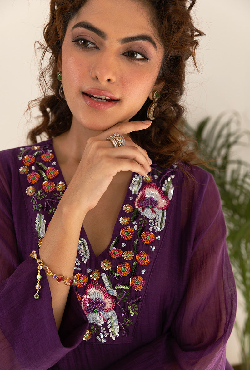 Purple Sequin Neck Work Asymmetrical Ruhi Kurta Set