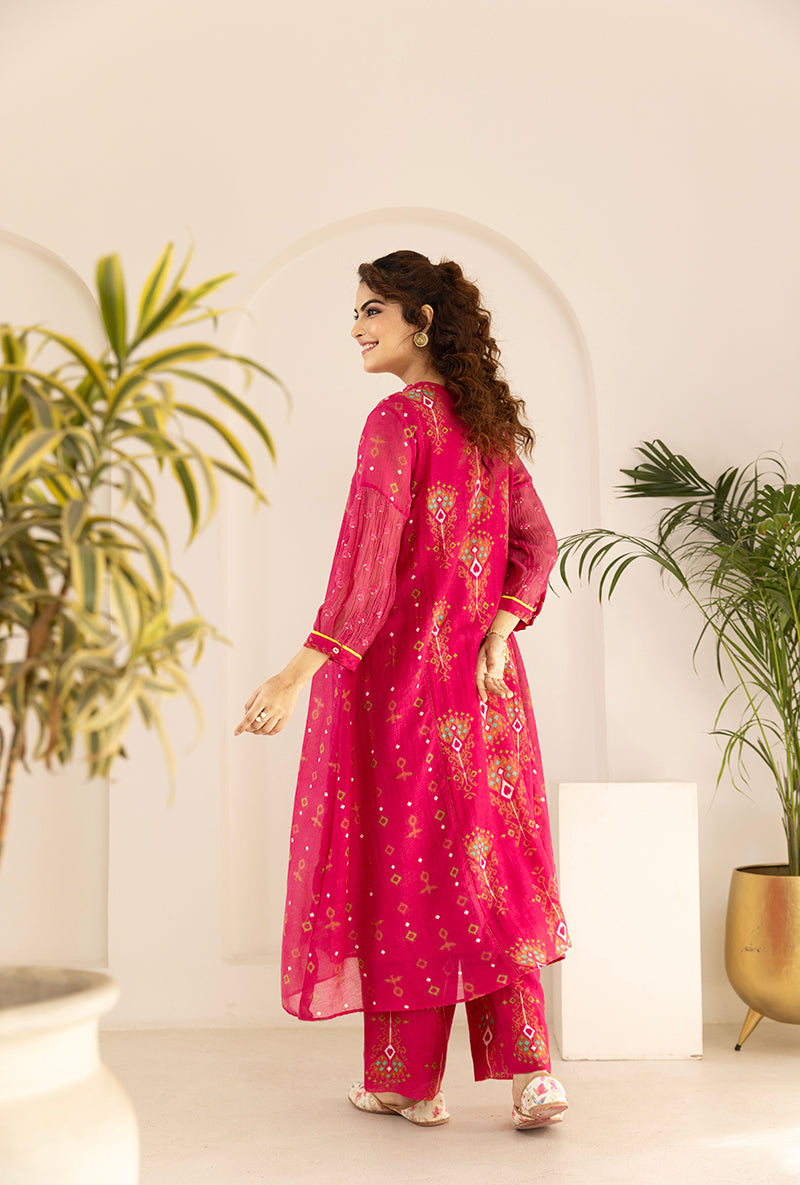 Pink Printed Ruffled Neck Ruhi Kurta Set
