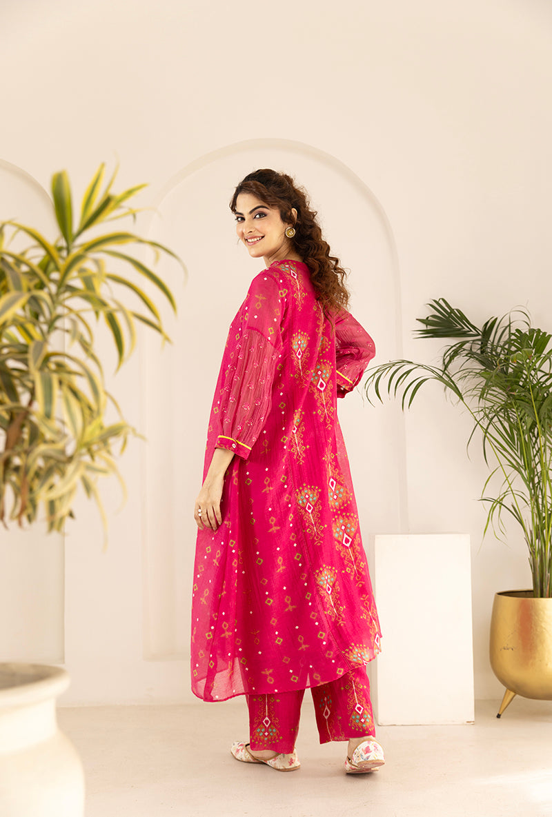 Pink Printed Ruffled Neck Ruhi Kurta Set