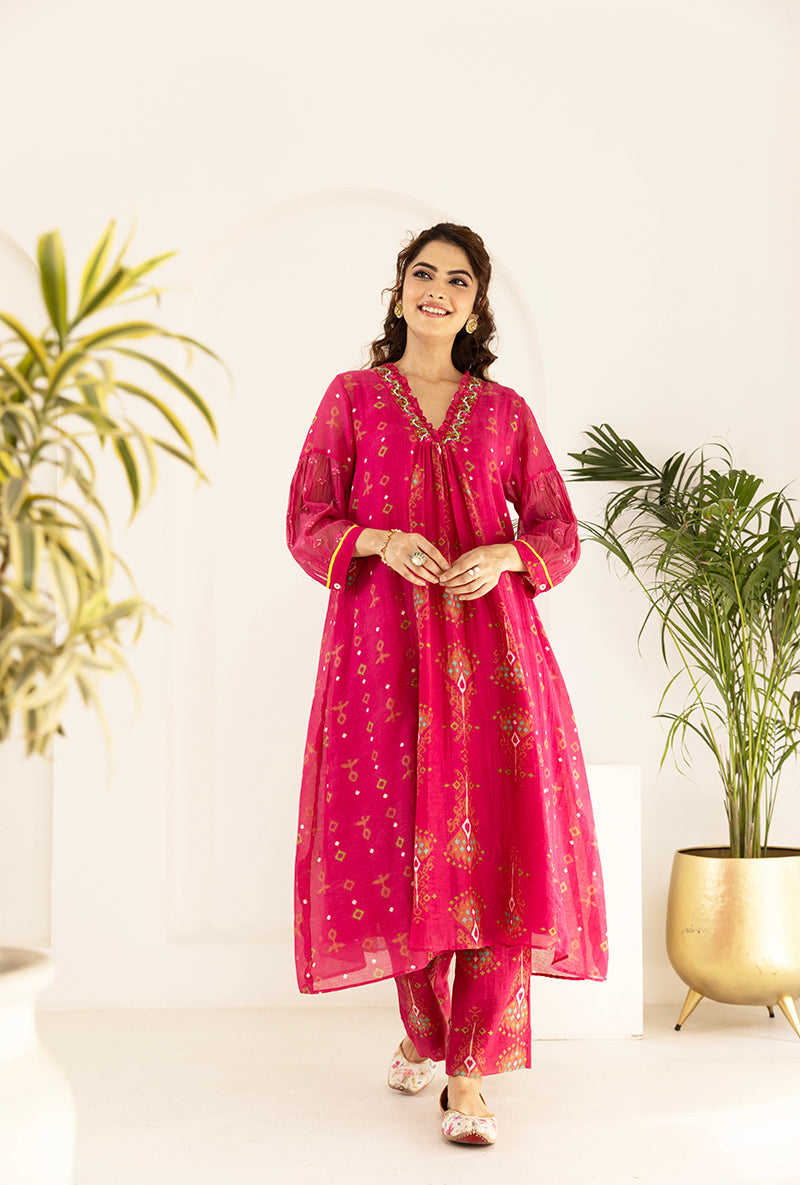 Pink Printed Ruffled Neck Ruhi Kurta Set