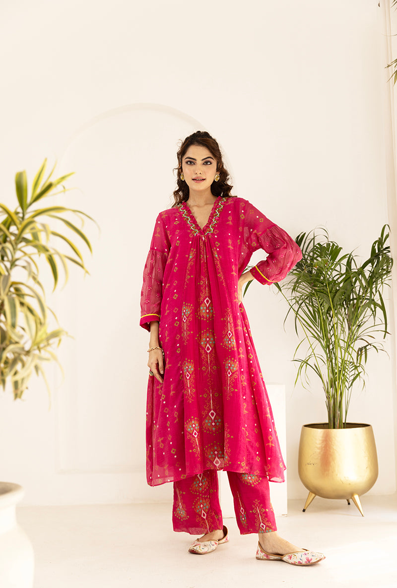 Pink Printed Ruffled Neck Ruhi Kurta Set