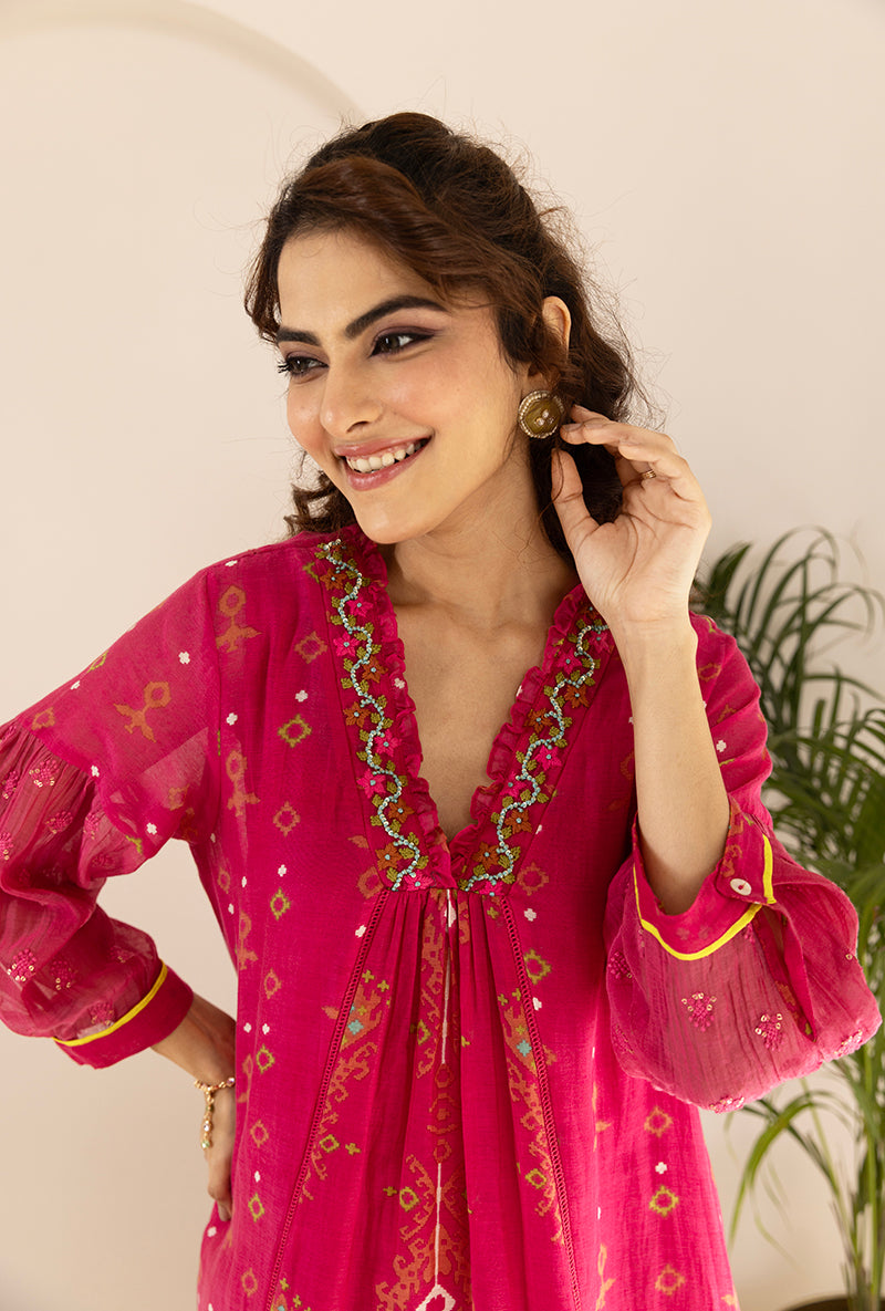 Pink Printed Ruffled Neck Ruhi Kurta Set