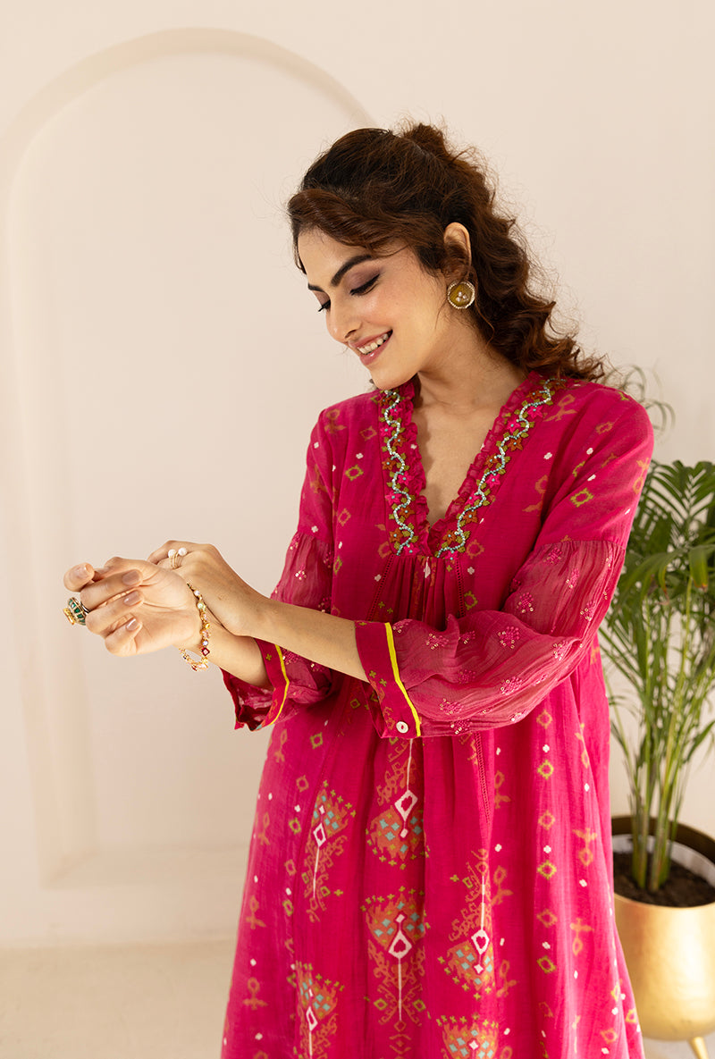 Pink Printed Ruffled Neck Ruhi Kurta Set