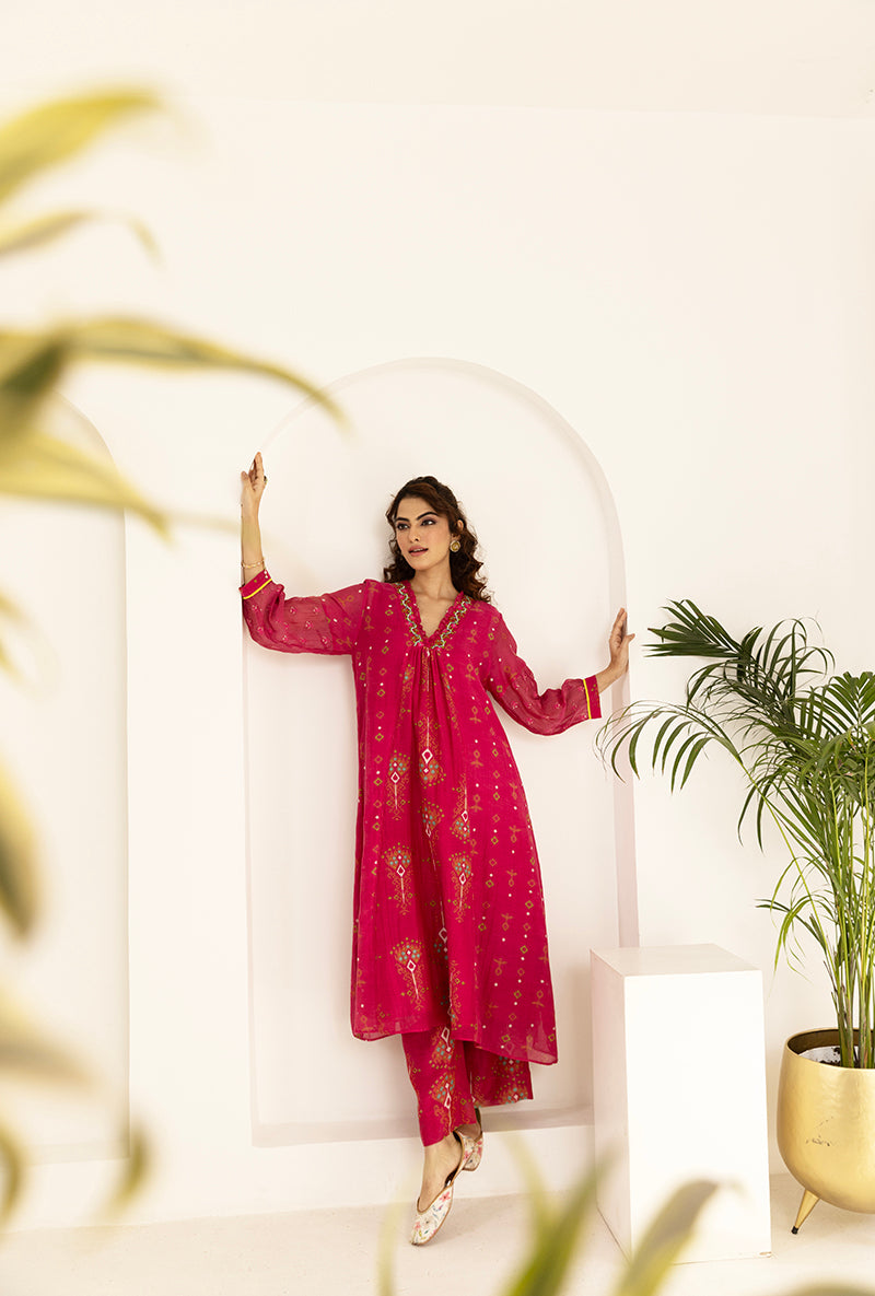 Pink Printed Ruffled Neck Ruhi Kurta Set