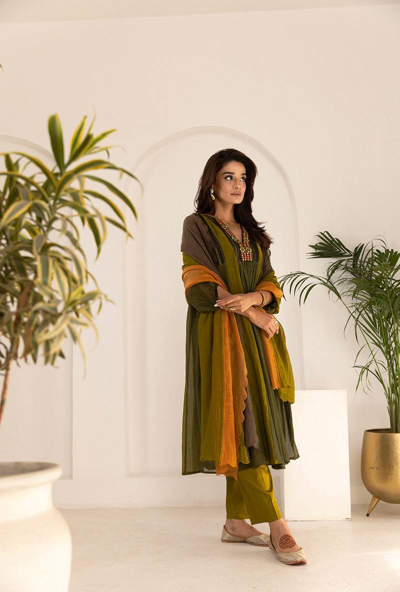 Green V Neck Mirror Ruhi Kurta Set