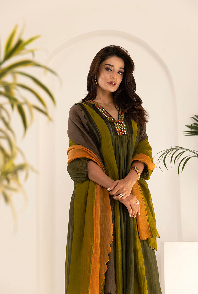 Green V Neck Mirror Ruhi Kurta Set
