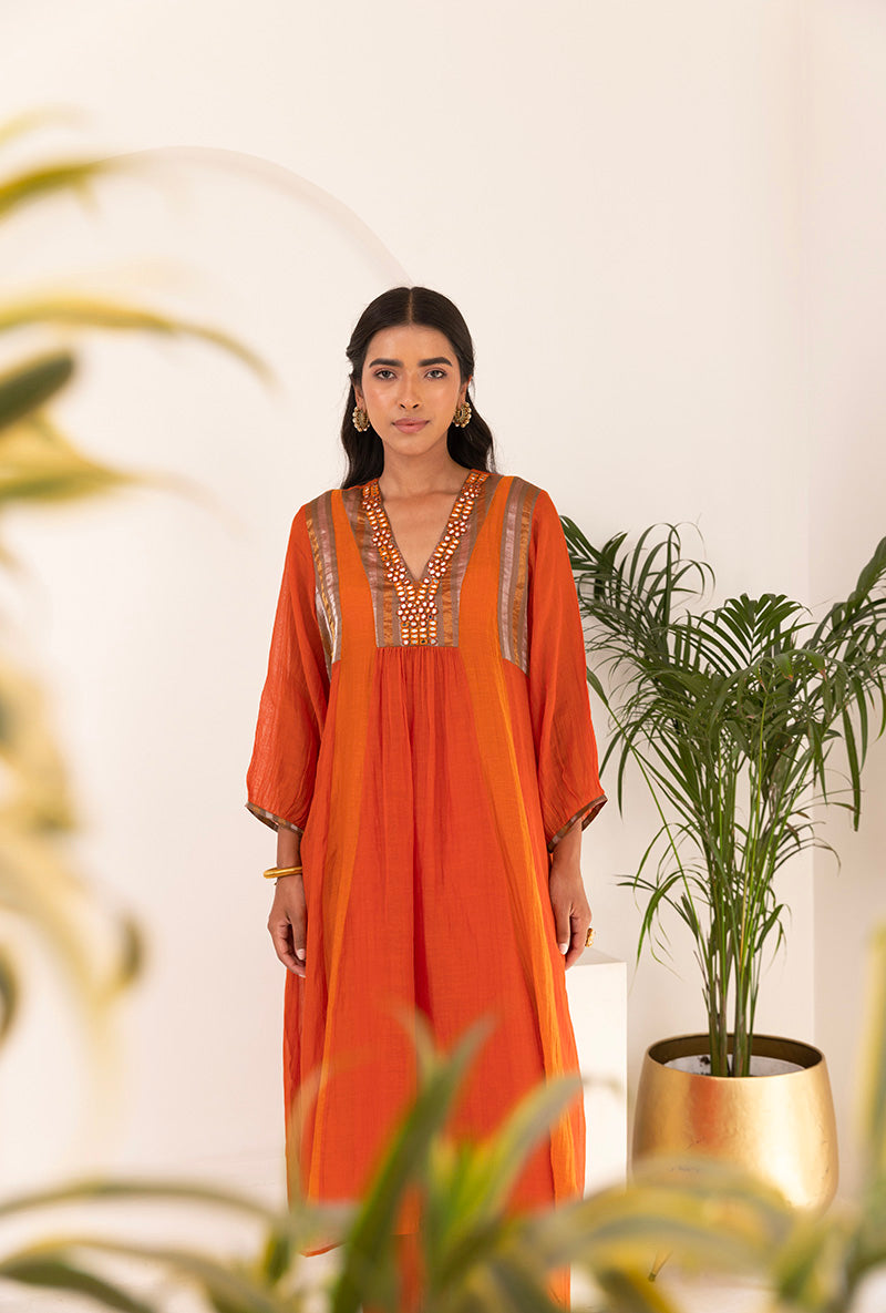 Orange V Neck Mirror Ruhi Kurta Set