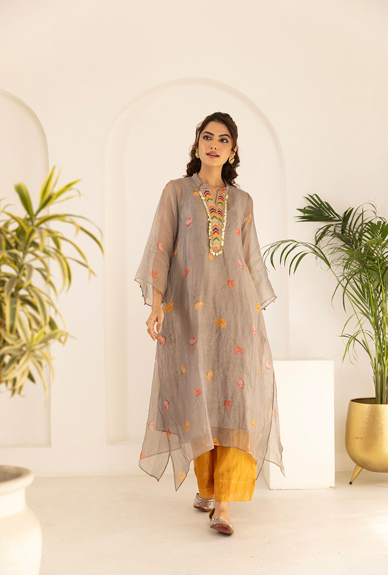 Grey All Over Printed Tissue Ruhi Kurta Set