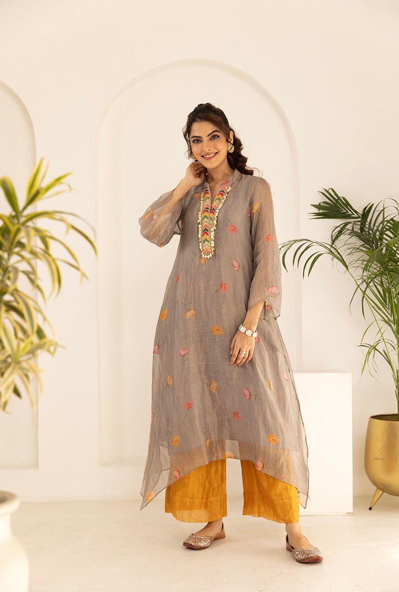 Grey All Over Printed Tissue Ruhi Kurta Set