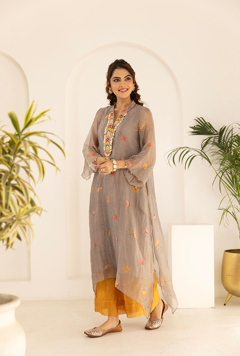 Grey All Over Printed Tissue Ruhi Kurta Set