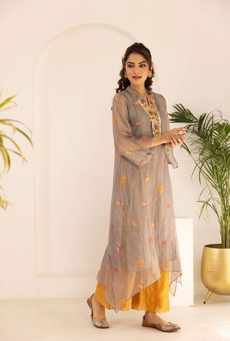 Grey All Over Printed Tissue Ruhi Kurta Set