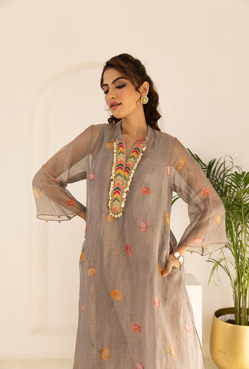 Grey All Over Printed Tissue Ruhi Kurta Set