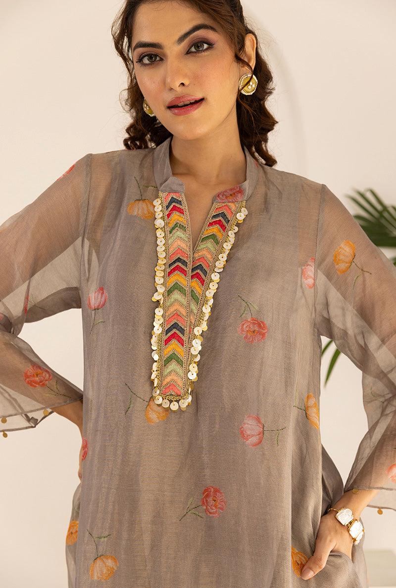 Grey All Over Printed Tissue Ruhi Kurta Set