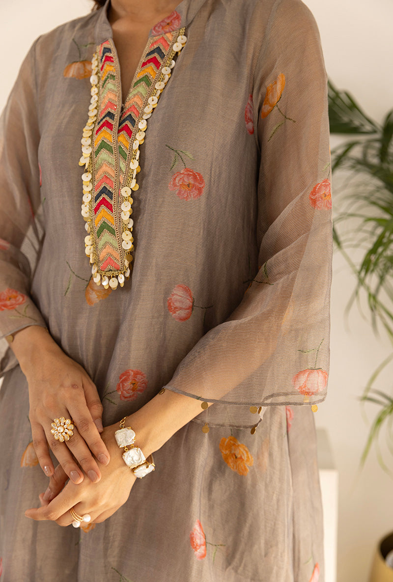 Grey All Over Printed Tissue Ruhi Kurta Set